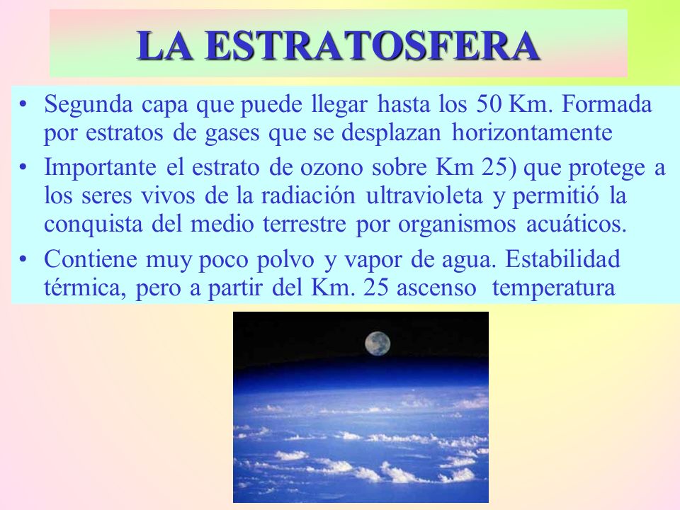 LA ESTRATOSFERA Segunda capa que puede llegar hasta los 50 Km. Formada por estratos de gases que se desplazan horizontamente.