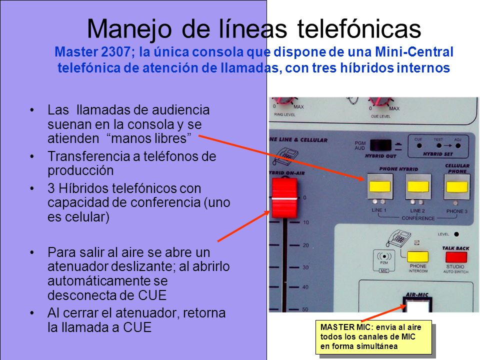Manejo de líneas telefónicas Master 2307; la única consola que dispone de una Mini-Central telefónica de atención de llamadas, con tres híbridos internos