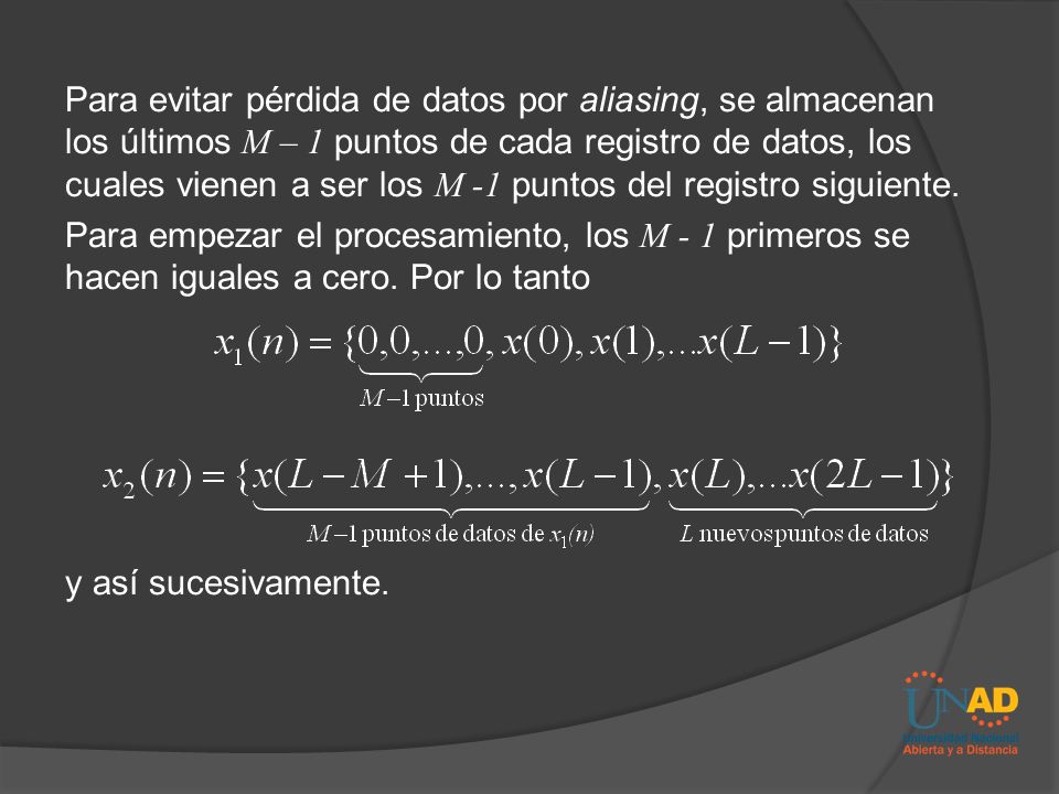 Para evitar pérdida de datos por aliasing, se almacenan los últimos M – 1 puntos de cada registro de datos, los cuales vienen a ser los M -1 puntos del registro siguiente.