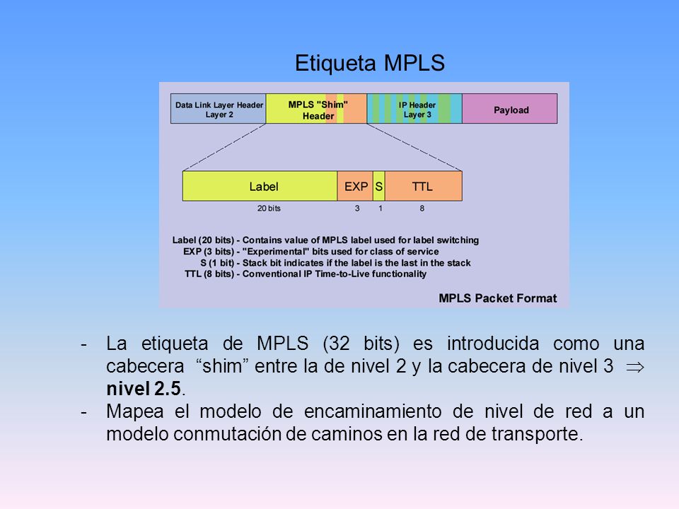 Etiqueta MPLS La etiqueta de MPLS (32 bits) es introducida como una cabecera shim entre la de nivel 2 y la cabecera de nivel 3  nivel 2.5.