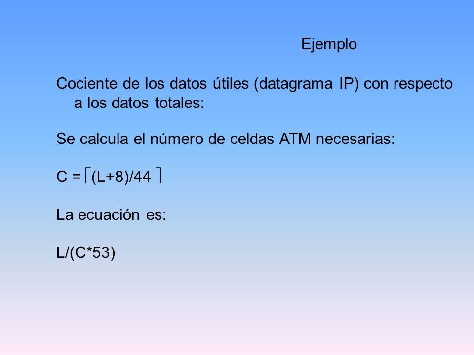 Ejemplo Cociente de los datos útiles (datagrama IP) con respecto a los datos totales: Se calcula el número de celdas ATM necesarias: