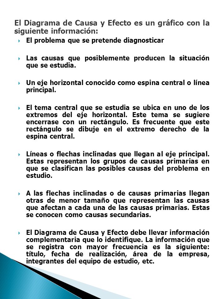 El Diagrama de Causa y Efecto es un gráfico con la siguiente información: