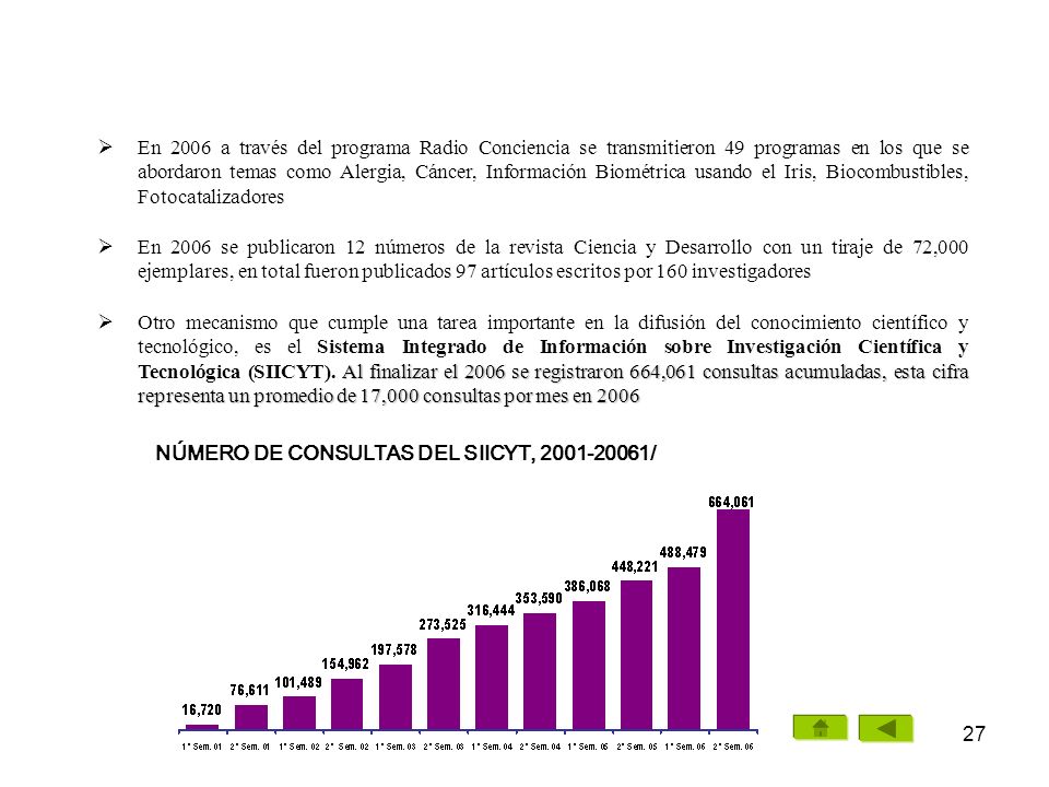 En 2006 a través del programa Radio Conciencia se transmitieron 49 programas en los que se abordaron temas como Alergia, Cáncer, Información Biométrica usando el Iris, Biocombustibles, Fotocatalizadores