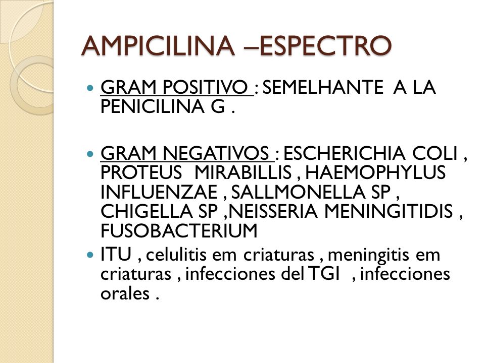 AMPICILINA –ESPECTRO GRAM POSITIVO : SEMELHANTE A LA PENICILINA G .