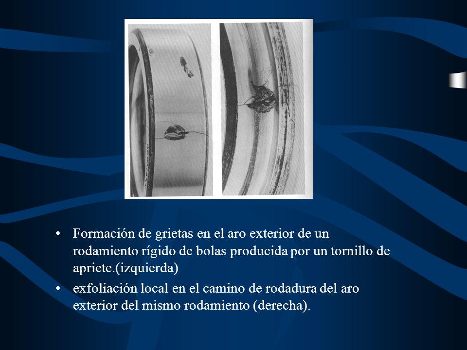 Formación de grietas en el aro exterior de un rodamiento rígido de bolas producida por un tornillo de apriete.(izquierda)
