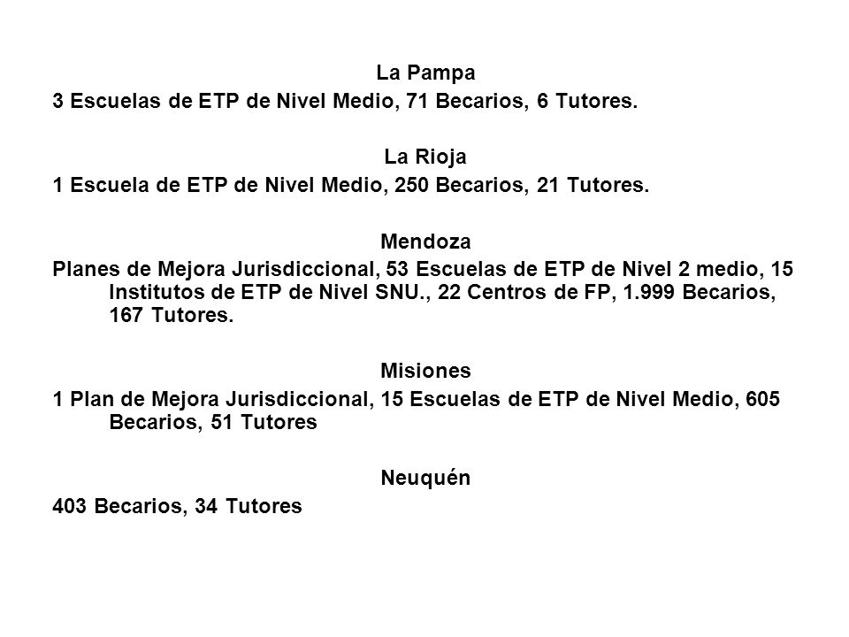 La Pampa 3 Escuelas de ETP de Nivel Medio, 71 Becarios, 6 Tutores. La Rioja. 1 Escuela de ETP de Nivel Medio, 250 Becarios, 21 Tutores.