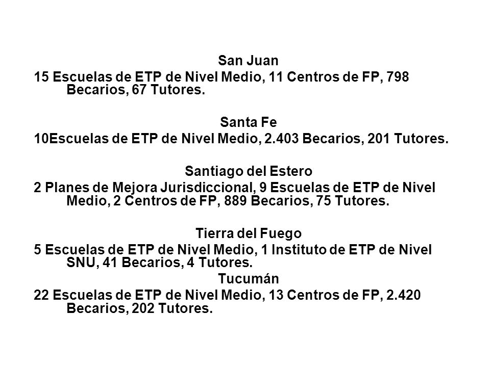 San Juan 15 Escuelas de ETP de Nivel Medio, 11 Centros de FP, 798 Becarios, 67 Tutores. Santa Fe.