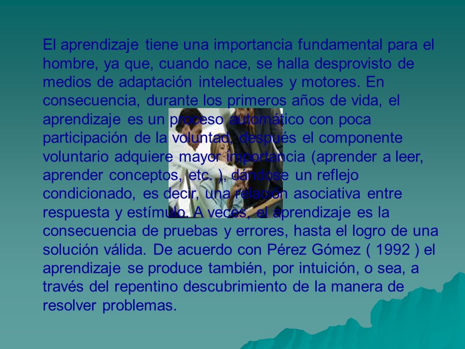 El aprendizaje tiene una importancia fundamental para el hombre, ya que, cuando nace, se halla desprovisto de medios de adaptación intelectuales y motores.