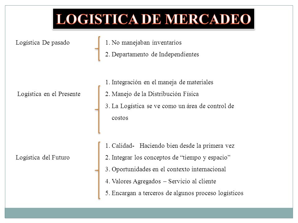 LOGISTICA DE MERCADEO Logística De pasado 1. No manejaban inventarios