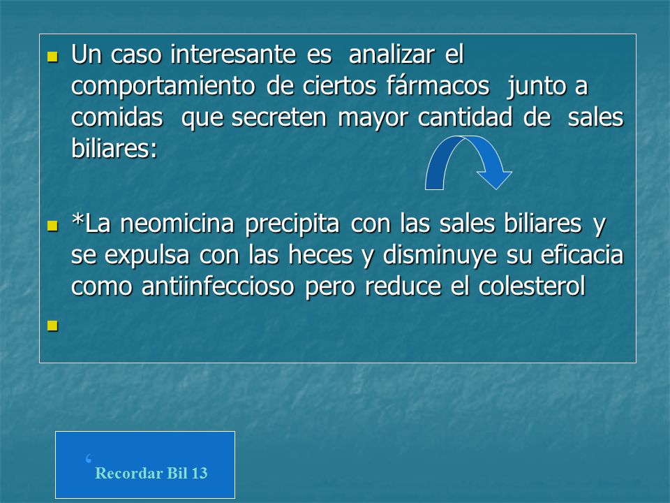 Un caso interesante es analizar el comportamiento de ciertos fármacos junto a comidas que secreten mayor cantidad de sales biliares: