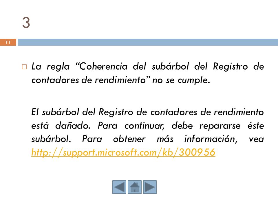 3 La regla Coherencia del subárbol del Registro de contadores de rendimiento no se cumple.