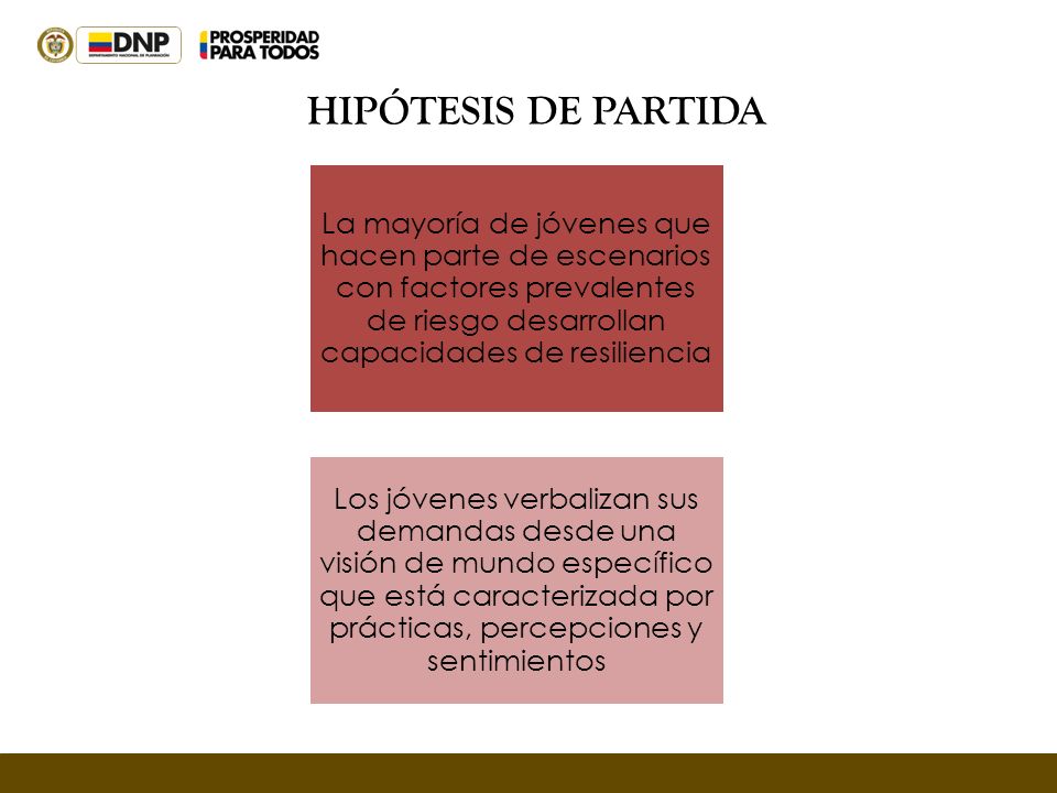 Hipótesis de partida La mayoría de jóvenes que hacen parte de escenarios con factores prevalentes de riesgo desarrollan capacidades de resiliencia.