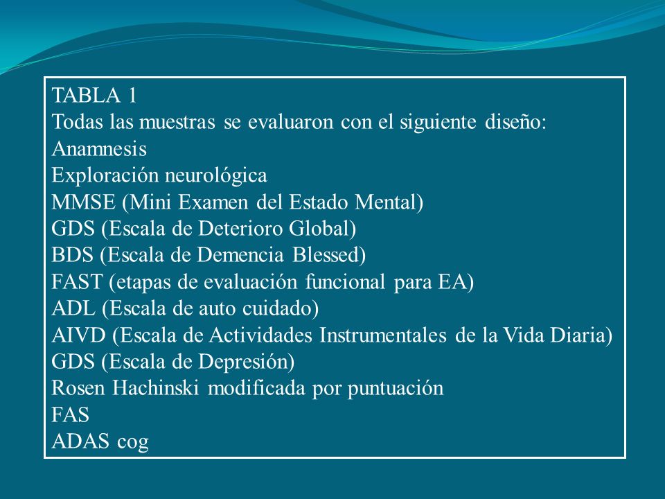 TABLA 1 Todas las muestras se evaluaron con el siguiente diseño: Anamnesis. Exploración neurológica.