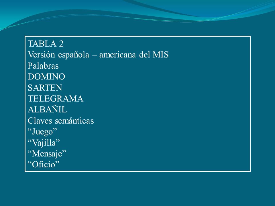 TABLA 2 Versión española – americana del MIS. Palabras. DOMINO. SARTEN. TELEGRAMA. ALBAÑIL. Claves semánticas.