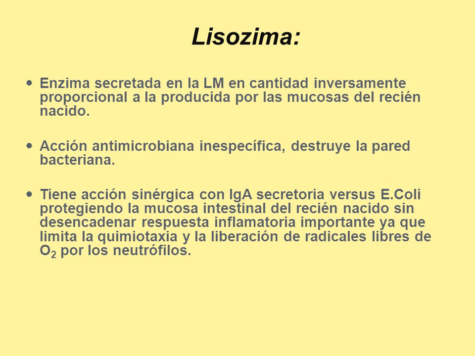 Lisozima: Enzima secretada en la LM en cantidad inversamente proporcional a la producida por las mucosas del recién nacido.