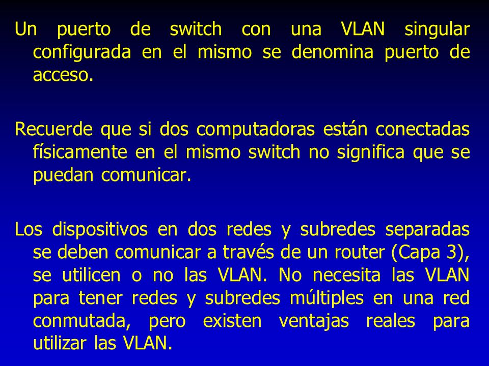 Un puerto de switch con una VLAN singular configurada en el mismo se denomina puerto de acceso.