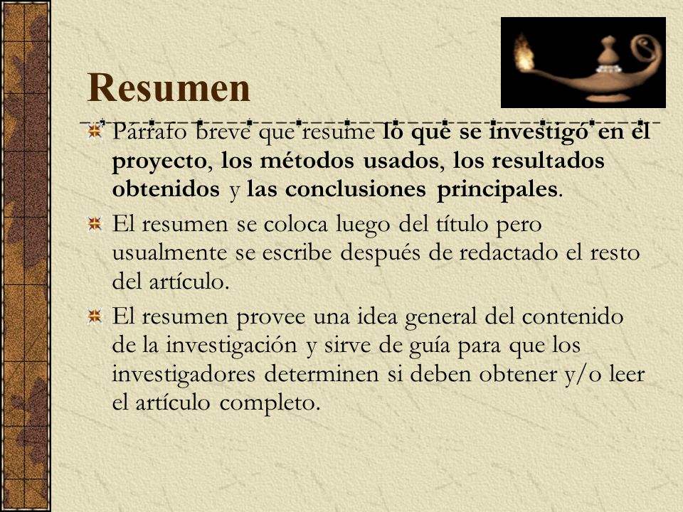 Resumen Párrafo breve que resume lo que se investigó en el proyecto, los métodos usados, los resultados obtenidos y las conclusiones principales.