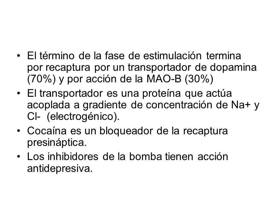 El término de la fase de estimulación termina por recaptura por un transportador de dopamina (70%) y por acción de la MAO-B (30%)