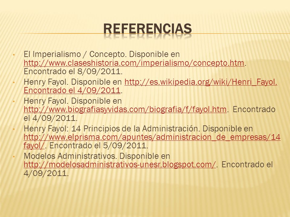 REFERENCIAS El Imperialismo / Concepto. Disponible en   Encontrado el 8/09/2011.