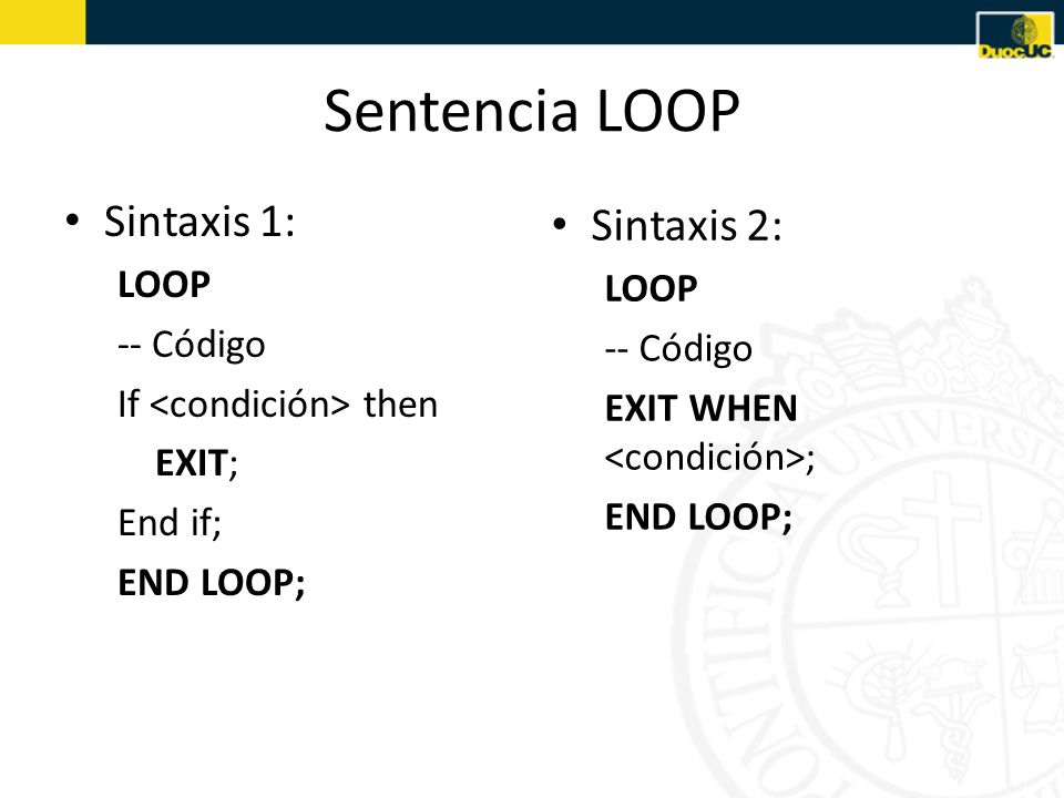 Sentencia LOOP Sintaxis 1: Sintaxis 2: LOOP LOOP -- Código -- Código