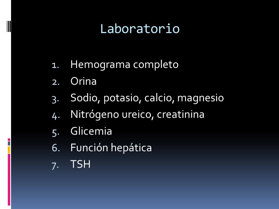 Laboratorio Hemograma completo Orina Sodio, potasio, calcio, magnesio