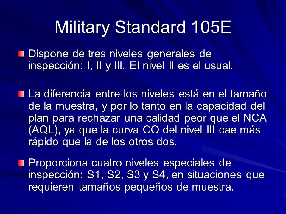 Military Standard 105E Dispone de tres niveles generales de inspección: I, II y III. El nivel II es el usual.