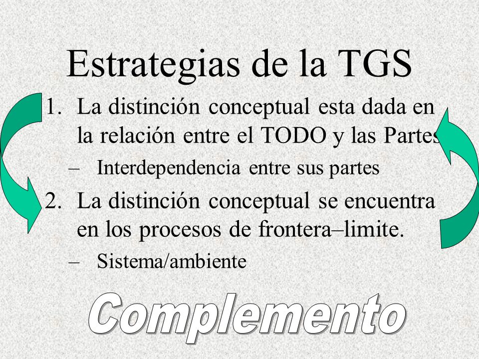 Estrategias de la TGS La distinción conceptual esta dada en la relación entre el TODO y las Partes.