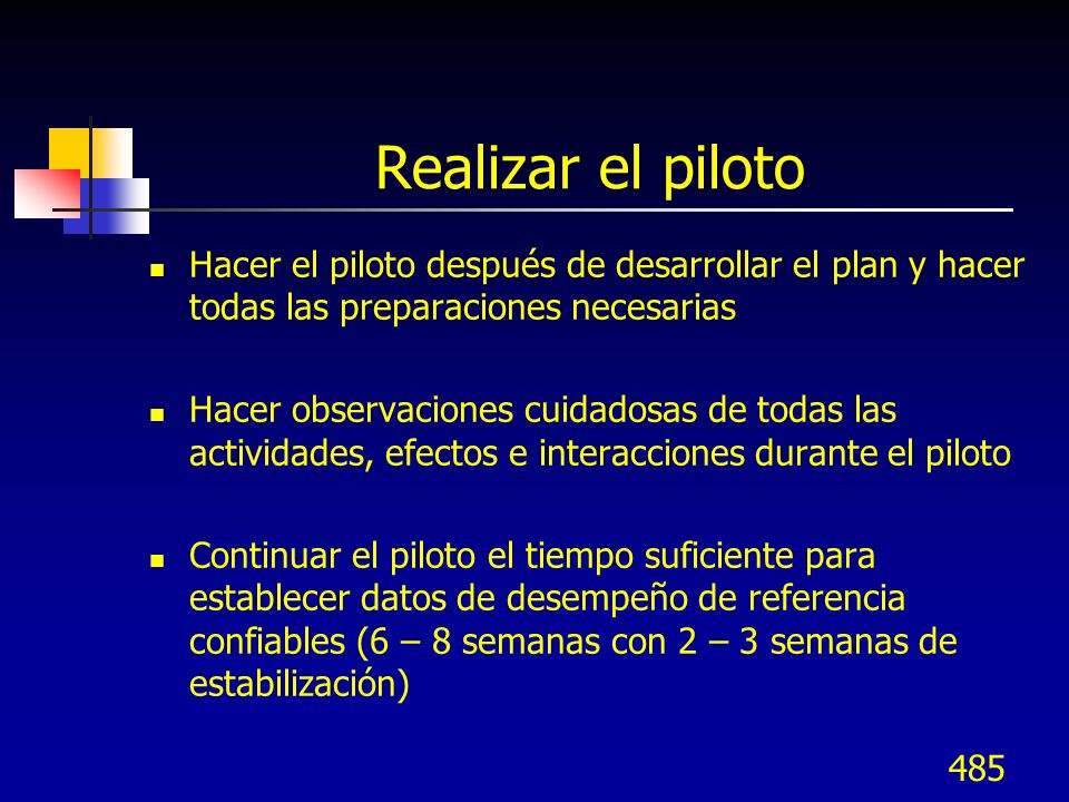 Realizar el piloto Hacer el piloto después de desarrollar el plan y hacer todas las preparaciones necesarias.