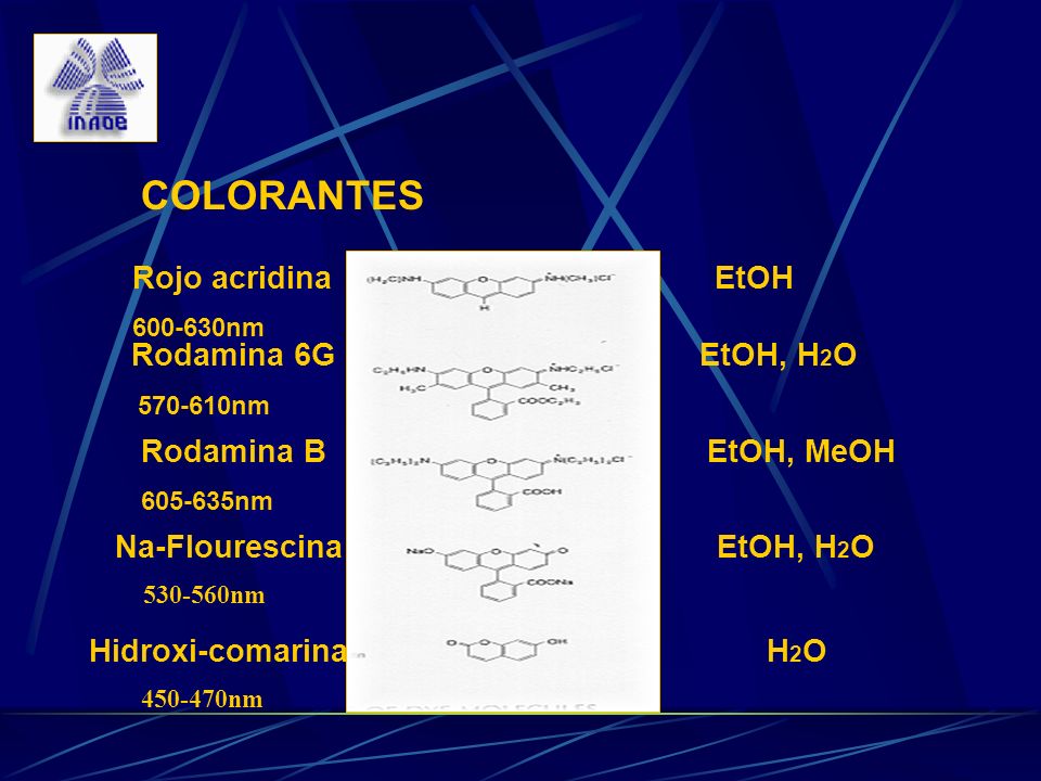 COLORANTES Rojo acridina EtOH Rodamina 6G EtOH, H2O