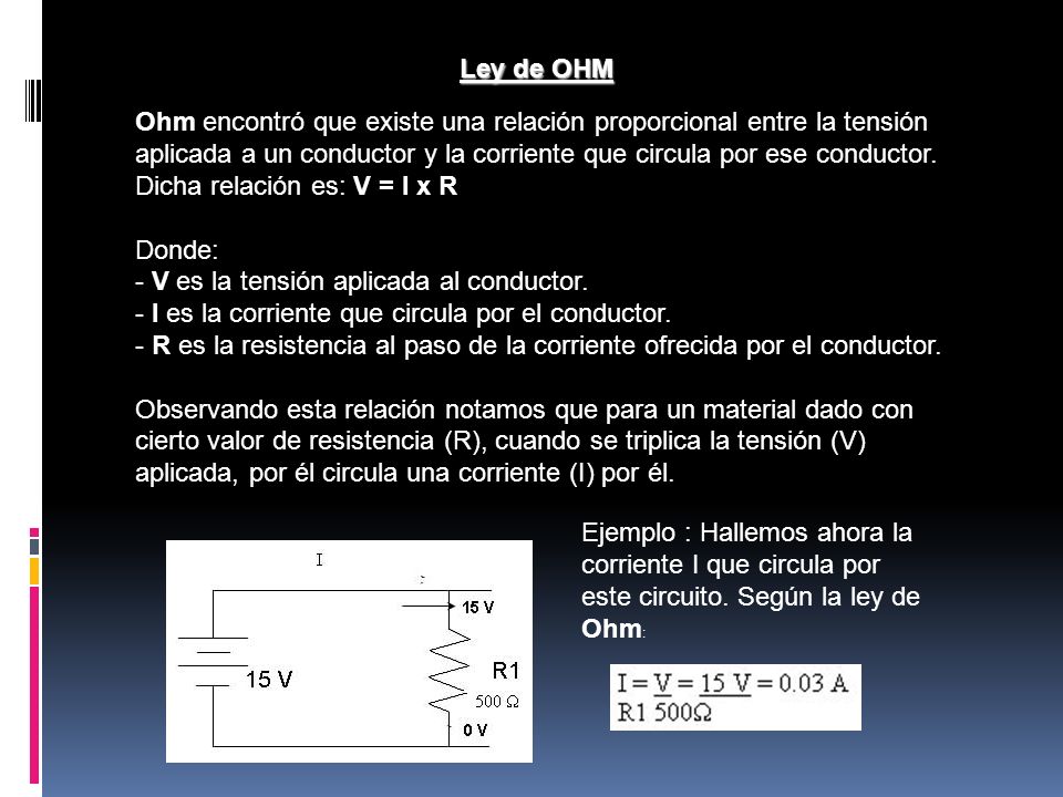 Ley de OHM Ohm encontró que existe una relación proporcional entre la tensión aplicada a un conductor y la corriente que circula por ese conductor.