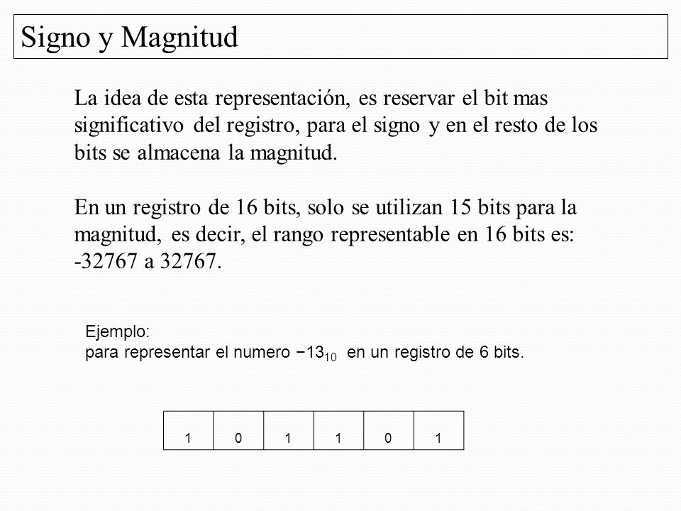 Signo y Magnitud La idea de esta representación, es reservar el bit mas.