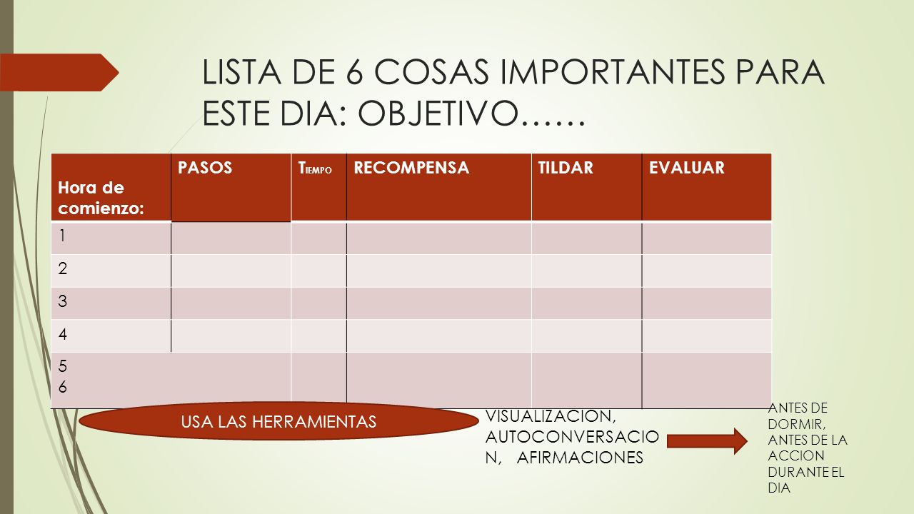 LISTA DE 6 COSAS IMPORTANTES PARA ESTE DIA: OBJETIVO……
