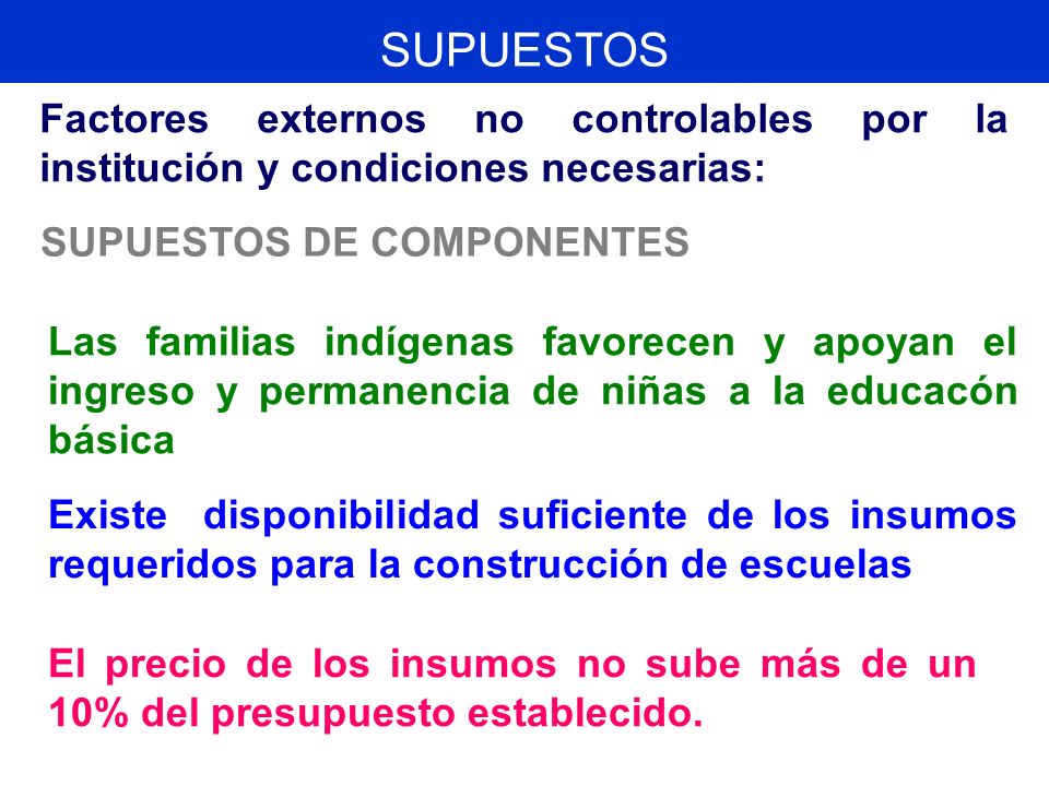 SUPUESTOS Factores externos no controlables por la institución y condiciones necesarias: SUPUESTOS DE COMPONENTES.
