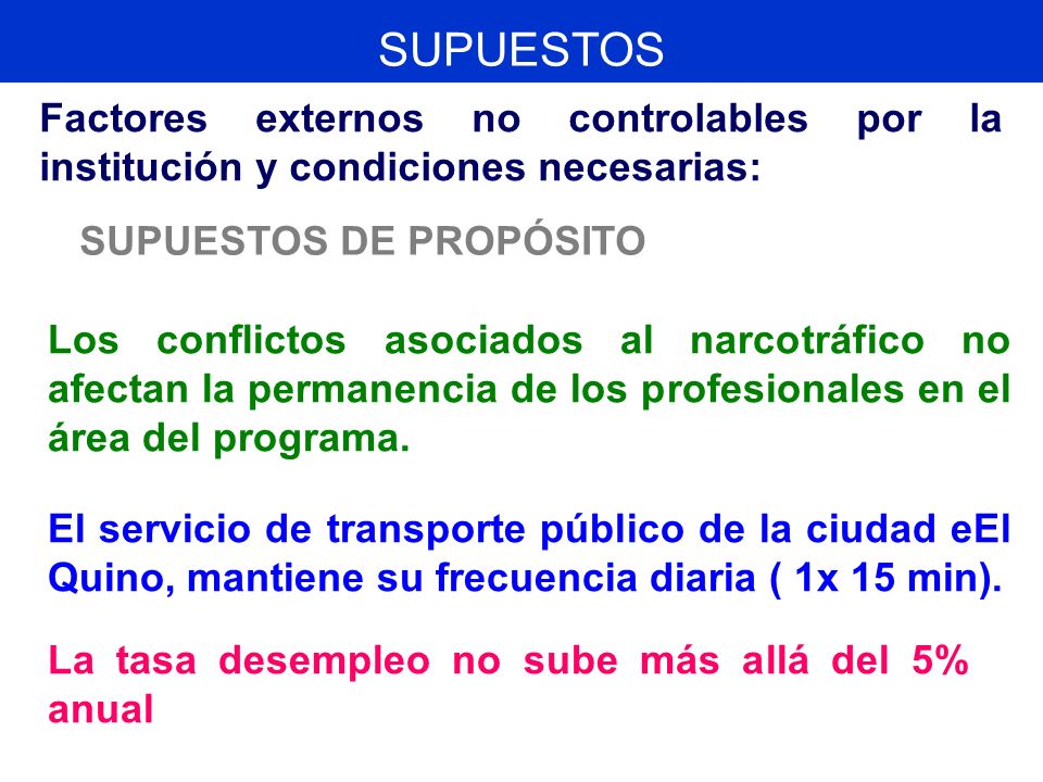 SUPUESTOS Factores externos no controlables por la institución y condiciones necesarias: SUPUESTOS DE PROPÓSITO.