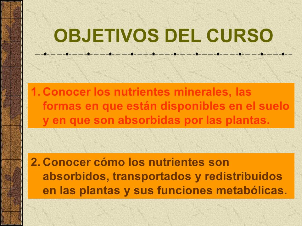 OBJETIVOS DEL CURSO 1. Conocer los nutrientes minerales, las formas en que están disponibles en el suelo y en que son absorbidas por las plantas.