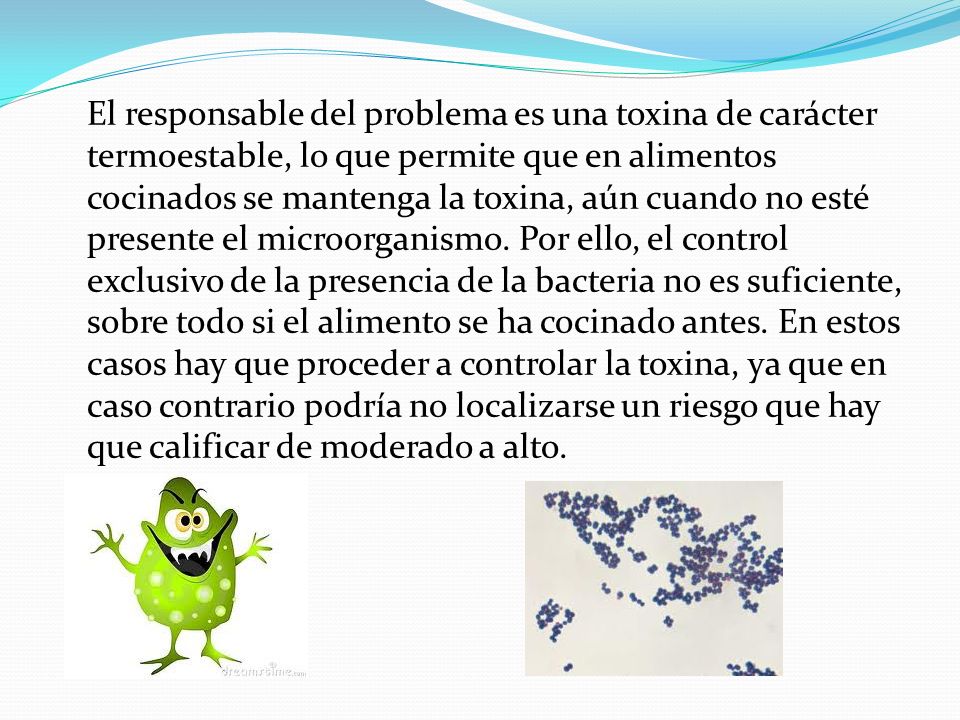 El responsable del problema es una toxina de carácter termoestable, lo que permite que en alimentos cocinados se mantenga la toxina, aún cuando no esté presente el microorganismo.