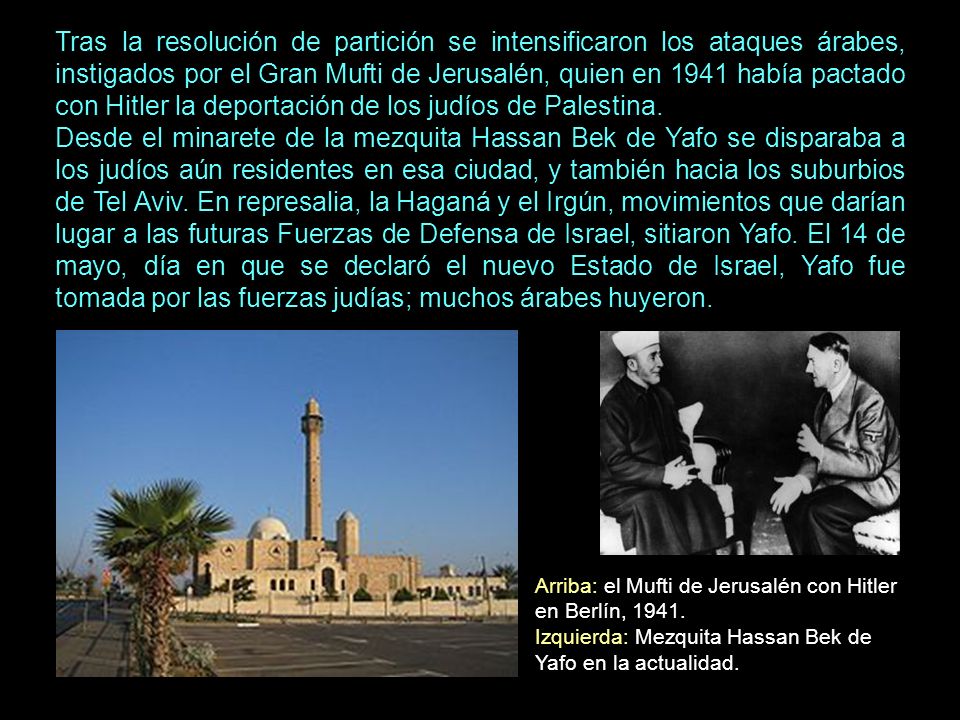 Tras la resolución de partición se intensificaron los ataques árabes, instigados por el Gran Mufti de Jerusalén, quien en 1941 había pactado con Hitler la deportación de los judíos de Palestina.