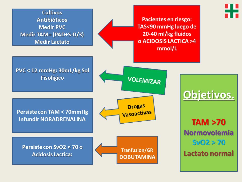 Objetivos. TAM >70 Normovolemia SvO2 > 70 Lactato normal