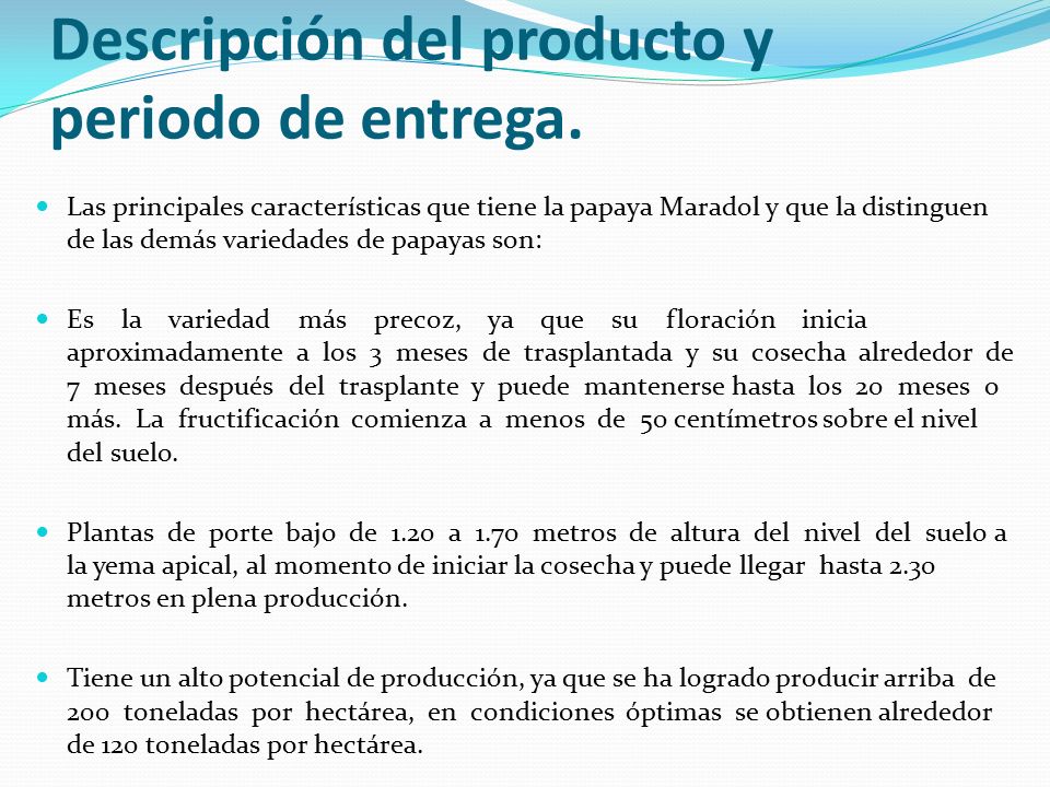 Descripción del producto y periodo de entrega.