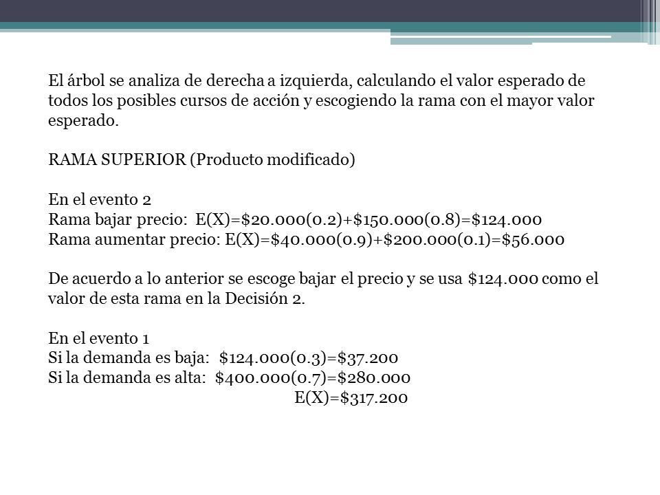 El árbol se analiza de derecha a izquierda, calculando el valor esperado de todos los posibles cursos de acción y escogiendo la rama con el mayor valor esperado.