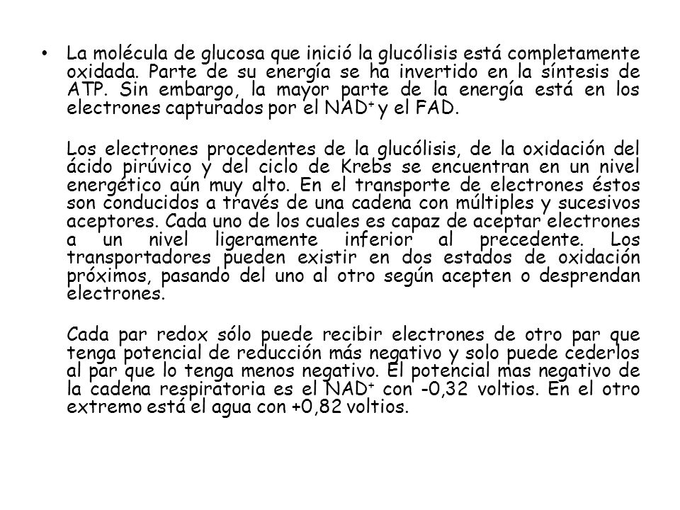 La molécula de glucosa que inició la glucólisis está completamente oxidada. Parte de su energía se ha invertido en la síntesis de ATP. Sin embargo, la mayor parte de la energía está en los electrones capturados por el NAD+ y el FAD.
