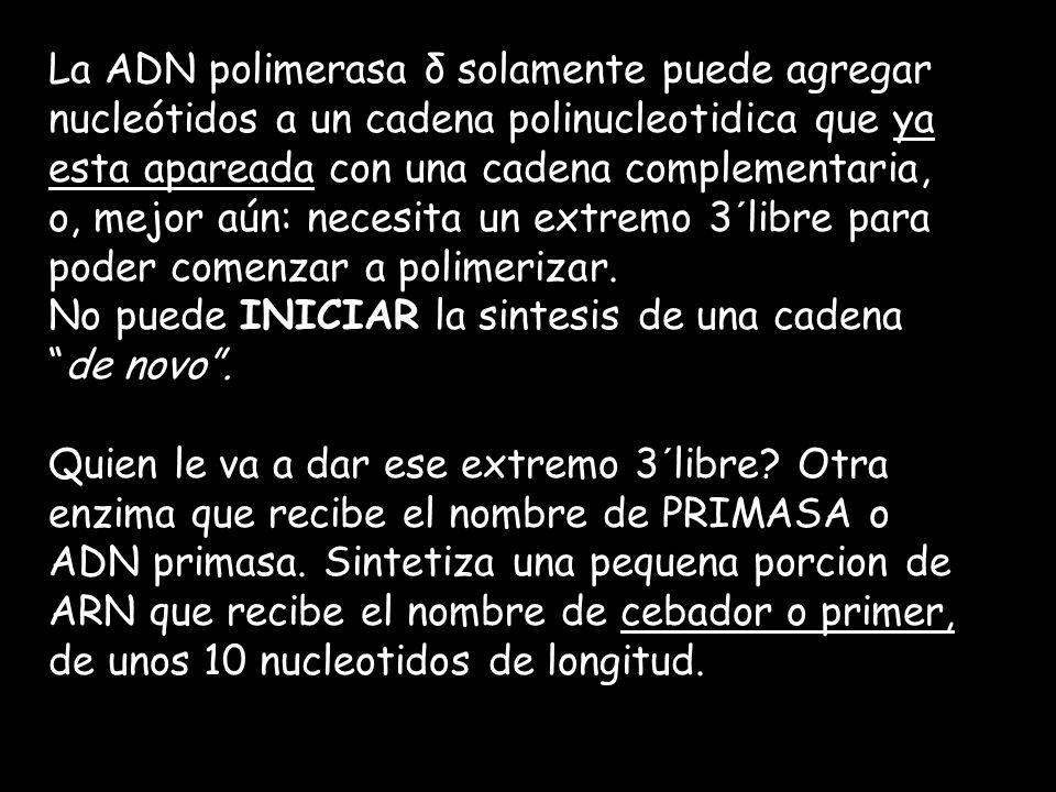 La ADN polimerasa δ solamente puede agregar nucleótidos a un cadena polinucleotidica que ya esta apareada con una cadena complementaria, o, mejor aún: necesita un extremo 3´libre para poder comenzar a polimerizar.