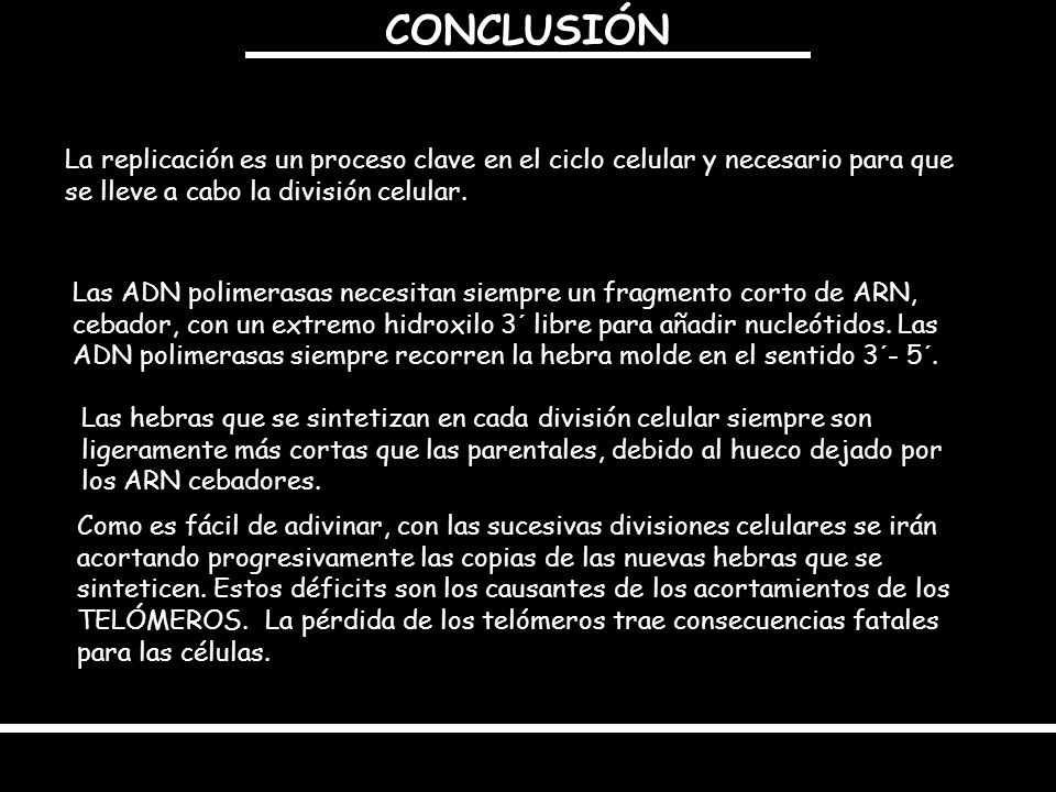 CONCLUSIÓN La replicación es un proceso clave en el ciclo celular y necesario para que se lleve a cabo la división celular.