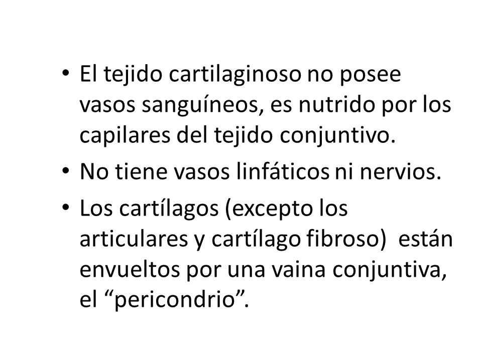El tejido cartilaginoso no posee vasos sanguíneos, es nutrido por los capilares del tejido conjuntivo.