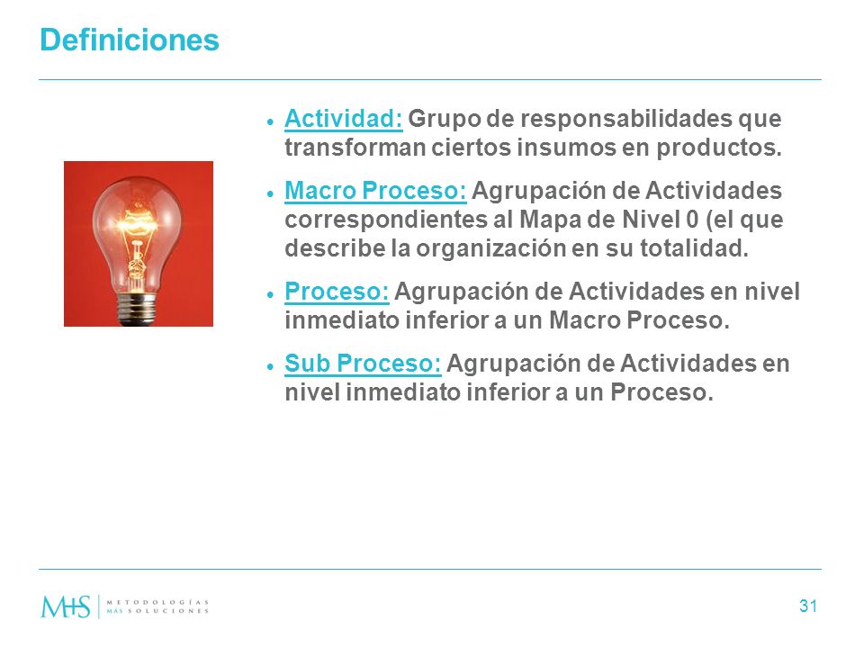 Definiciones Actividad: Grupo de responsabilidades que transforman ciertos insumos en productos.