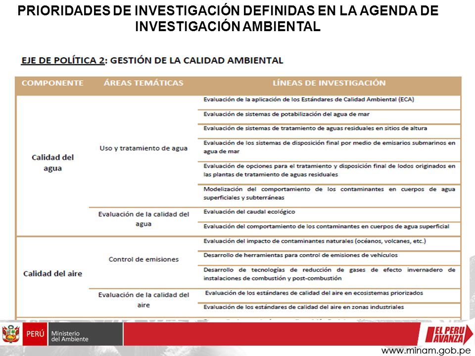 PRIORIDADES DE INVESTIGACIÓN DEFINIDAS EN LA AGENDA DE INVESTIGACIÓN AMBIENTAL