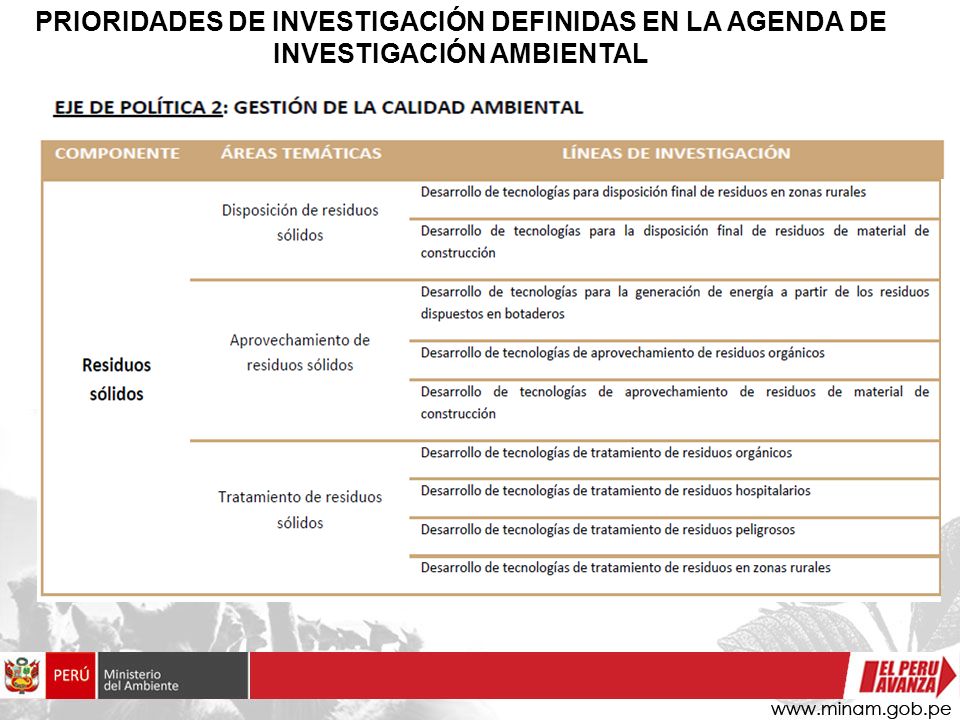 PRIORIDADES DE INVESTIGACIÓN DEFINIDAS EN LA AGENDA DE INVESTIGACIÓN AMBIENTAL