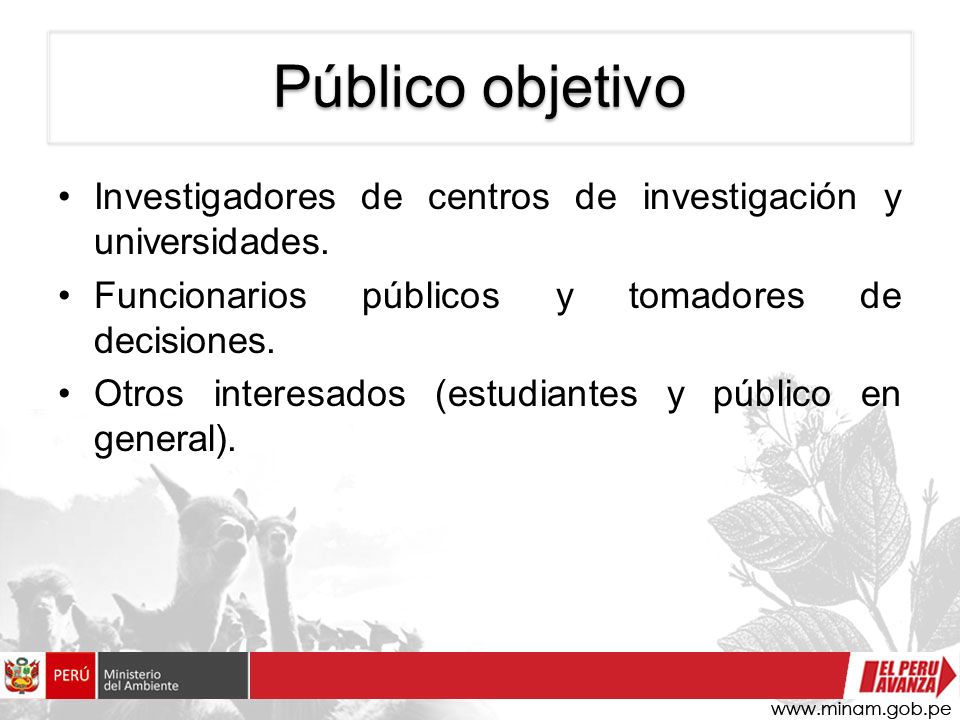 Público objetivo Investigadores de centros de investigación y universidades. Funcionarios públicos y tomadores de decisiones.