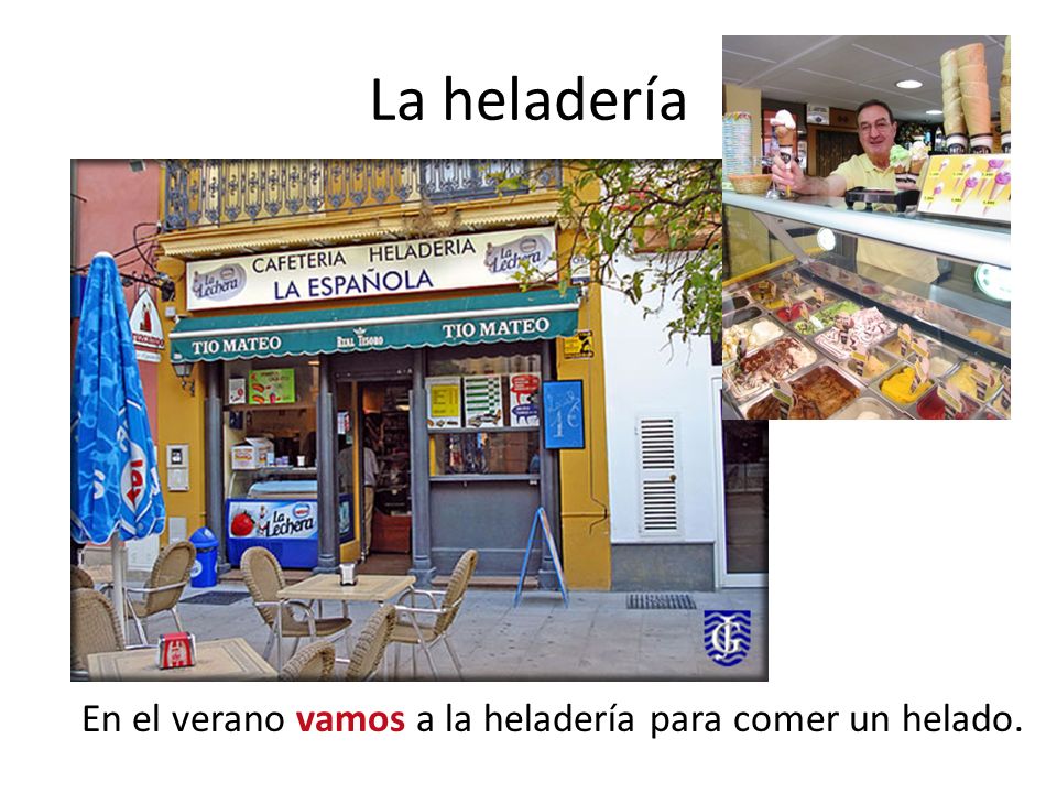 La heladería En el verano vamos a la heladería para comer un helado.