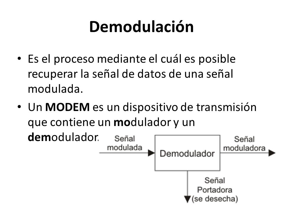 Demodulación Es el proceso mediante el cuál es posible recuperar la señal de datos de una señal modulada.